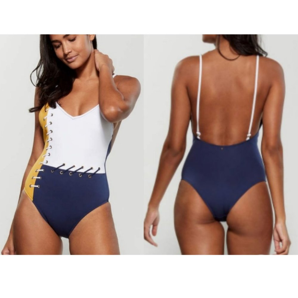NWT Anthropologie Derek Lam Front Laced Up Color Blocked One Piece Swimsuit New - Picture 2 of 9